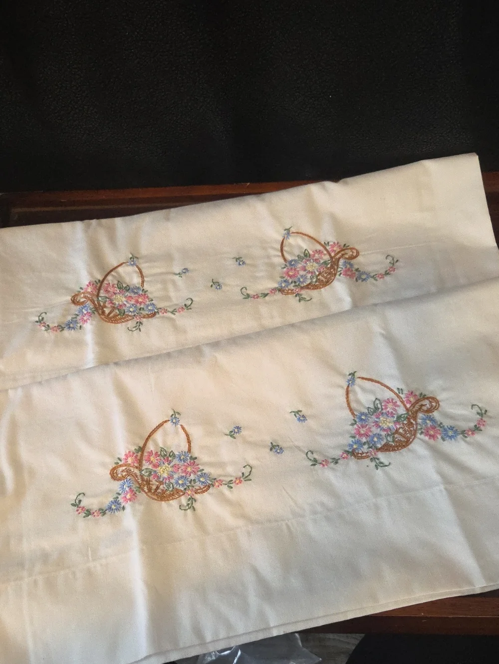 Handmade, Hand Embroidered Floral Basket Standard Size Pillow Cases (Set/2)